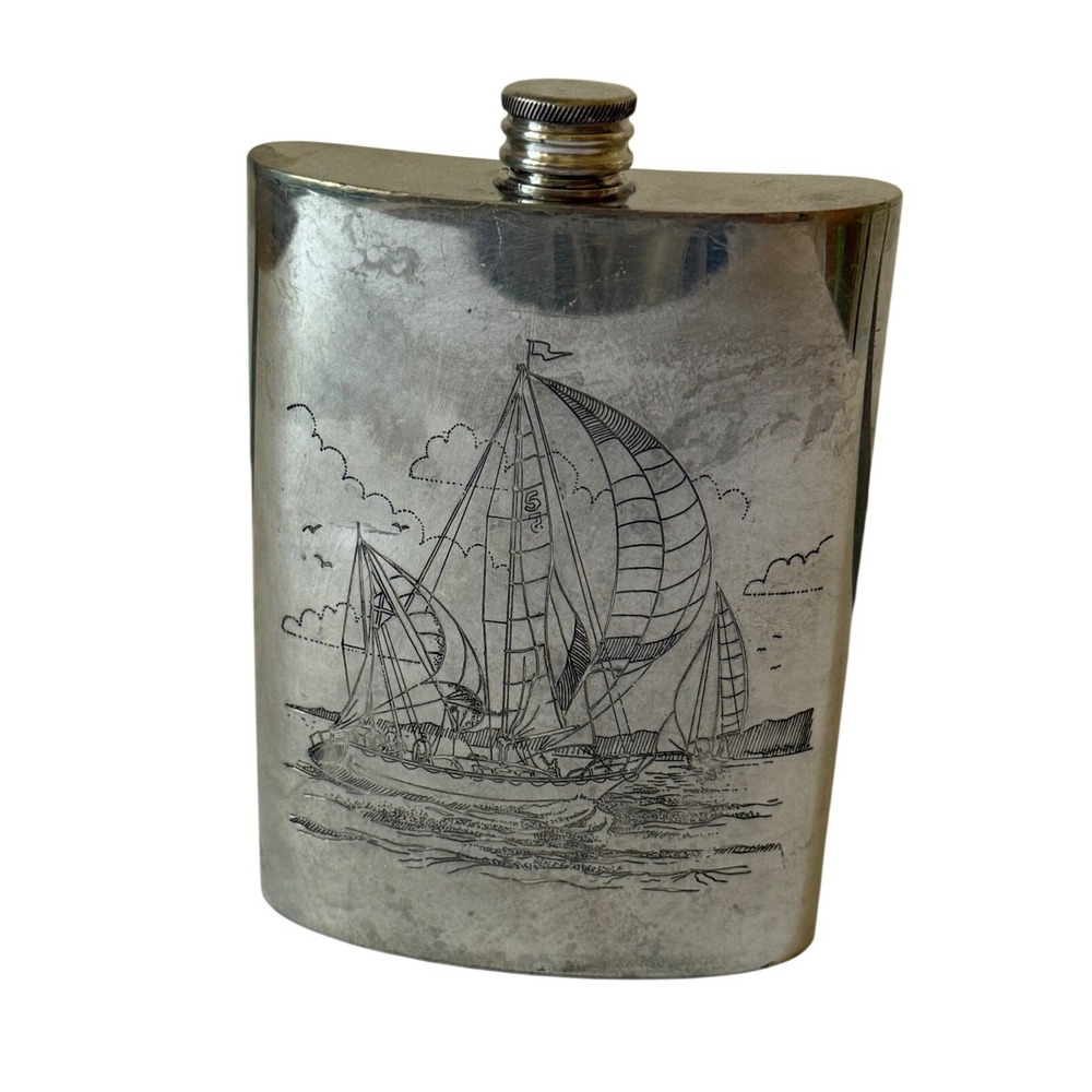 Antique VTG Birks English Pewter Hip Flask Sailboat Etched Sheffield England